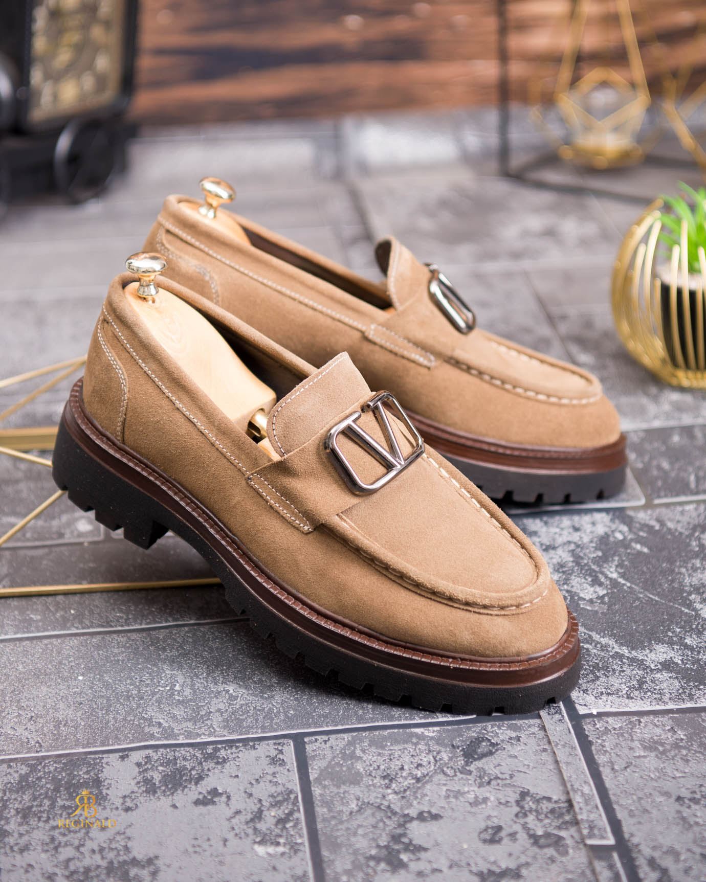 Pantofi Loafers de barbati, bej, din piele naturala intoarsa- P1951 - imagine 5