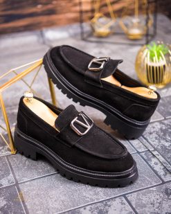 Pantofi Loafers de barbati, negru, din piele naturala intoarsa- P1952