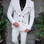 Costume pour homme, blanc ivoire à rayures noires : veste et pantalon, double boutonnage - C5394