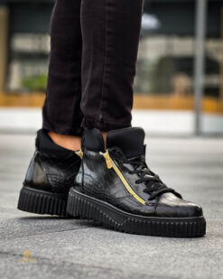 Scarpe da tennis da uomo con suola alta, nere, in ecopelle nera – AD889