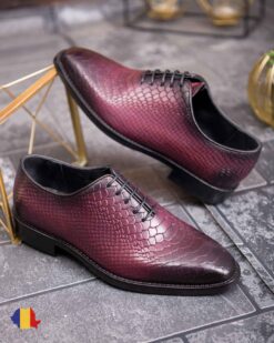 Chaussures pour homme, bordeaux/noir, en cuir naturel, motif croco - P1896