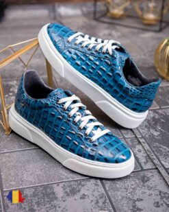 Sneaker de barbati, albastri, din piele naturala, model croc, semi-lac- P1927
