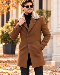Abrigo de hombre, corte ajustado, marrón con cuello de piel desmontable - PT445