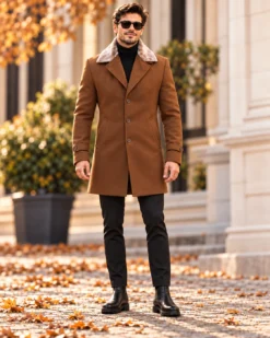 Palton de bărbați, Slim Fit, Maro cu guler detașabil de blana - PT445 - imagine 4