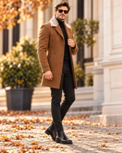 Una visión alternativa de Palton de bărbați, Slim Fit, Maro cu guler detașabil de blana - PT445