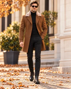 Palton de bărbați, Slim Fit, Maro cu guler detașabil de blana - PT445 - imagine 3