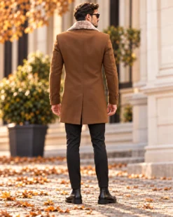 Palton de bărbați, Slim Fit, Maro cu guler detașabil de blana - PT445 - imagine 5