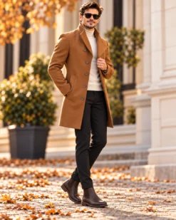 Palton de bărbați, Slim Fit, Maro cu nasturi - PT449 - imagine 3