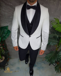 Abito da sposo bianco/nero NAS/MIRE, giacca, gilet, pantaloni, papillon - C5441