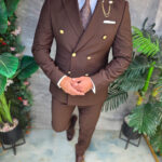 Traje marrón, botones dorados, chaqueta y pantalón, 100% Lana - C5429