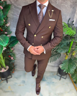 Costume marron, boutons dorés, veste et pantalon, 100% Laine - C5429
