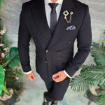 Costum bărbătesc Negru, Double-Breasted cu textura fina- C5431