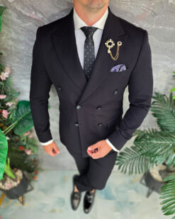 Costum bărbătesc Negru, Double-Breasted cu textura fina- C5431