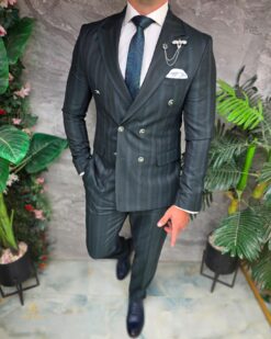 Green striped men's suit, double-breasted, silver buttons - C5432