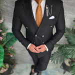 Men's Black Striped Double-Breasted Suit with Silver Buttons - C5433