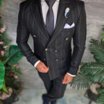 Black pinstripe men's suit, double-breasted, silver buttons - C5434