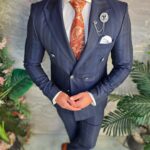 Navy blue pinstripe double-breasted men's suit with silver buttons - C5435