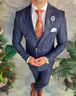 Navy blue pinstripe double-breasted men's suit with silver buttons - C5435