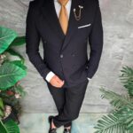 Costum bărbătesc Negru, Double-Breasted cu textura- C5426