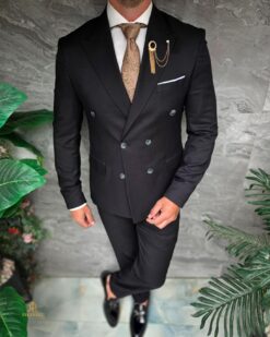 O perspectivă alternativă asupra modelului Costum bărbătesc Negru, Double-Breasted –texturat - C5423
