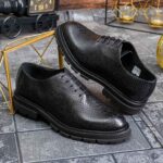 Men's black genuine leather croc-embossed shoes with a chunky sole - P1954
