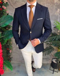 Una visione alternativa del Sacou de bărbați, Slim Fit, Bleumarin, Nasturi aurii-SC1116