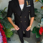 Traje de hombre, negro con manga corta y botones dorados: chaqueta y pantalón - C5496