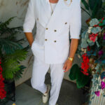 Men's suit, white with short sleeves, gold buttons: Blazer and Trousers - C5497