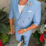 Traje de hombre, azul con manga corta y botones dorados: chaqueta y pantalón - C5499