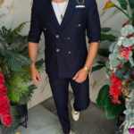 Men's suit, navy blue with short sleeves, gold buttons: Jacket and trousers - C5500