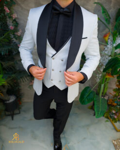 Abito bianco con risvolto nero satinato, NAS/MIRE, giacca, gilet, pantaloni, papillon - C5520