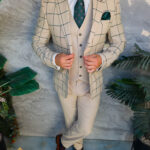 Costume pour homme, crème à carreaux verts : veste, gilet et pantalon - C5471