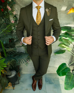 Costum de bărbați, Slim Fit, Verde : Sacou, Vesta si Pantalon- C5509