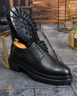 Pantofi de barbati, negri, din piele naturala cu talpa înalta, cu model- P2001 - imagine 4