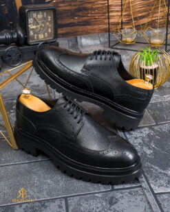 Pantofi de barbati, negri, din piele naturala cu talpa înalta, cu model- P2001 - imagine 3