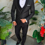 Costum Negru cu imprimeu, NAS/MIRE, Sacou,Vesta, Pantalon, Papion- C5490
