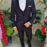 Navy Blue and Black Suit, 3D print, Best Man/Groom, Blazer, Vest, Trousers, Bow Tie - C5485