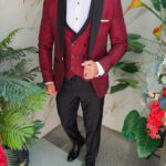 Cherry Red and Black Suit, Groom, Jacket, Waistcoat, Trousers, Bow Tie - C5491