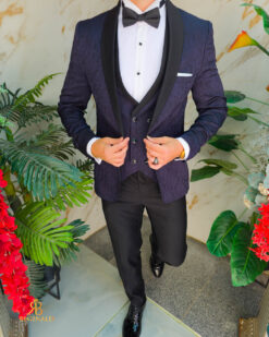 Abito blu navy con dettagli neri, NAS/MIRE, giacca, gilet, pantaloni, papillon - C5494