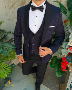 Completo blu navy e nero, stampa 3D, NAS/MIRE, giacca, gilet, pantaloni, papillon - C5487