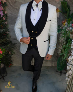 Costum Alb cu catifea neagra, NAS/MIRE, Sacou,Vesta, Pantalon, Papion- C5479