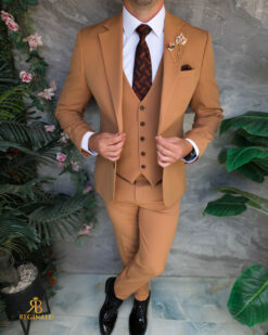Costum de bărbați, Slim fit eleastic, Maro: Sacou, Vesta si Pantalon - C5515