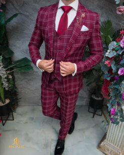Costum de bărbați, Visiniu cu carouri: Sacou, Vesta si Pantalon - C5470