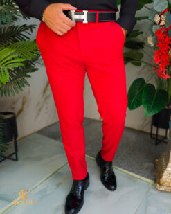 Men's Red Casual Slim Fit Tapered Trousers with Chain – PN870