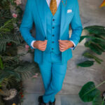Abito da uomo, blu-turchese, slim fit: giacca, gilet e pantaloni - C5518