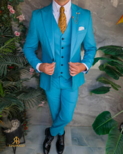 Costum de bărbați, Albastru-Turcoaz, Slim Fit: Sacou, Vesta si Pantalon - C5518