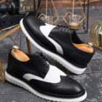 Pantofi de barbati, alb-negru, din piele naturala, model unicat- P2017