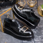 Pantofi cu siret barbatesti, Negri, Premium,din piele naturala semi-lac- P2006