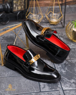 Pantofi Loafers de bărbați din piele naturala,Premium, Negru lacuit cu detaliu metalic- P2014