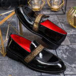 Pantofi Loafers de bărbați din piele naturala,Premium, Negru lacuit cu strasuri- P2012